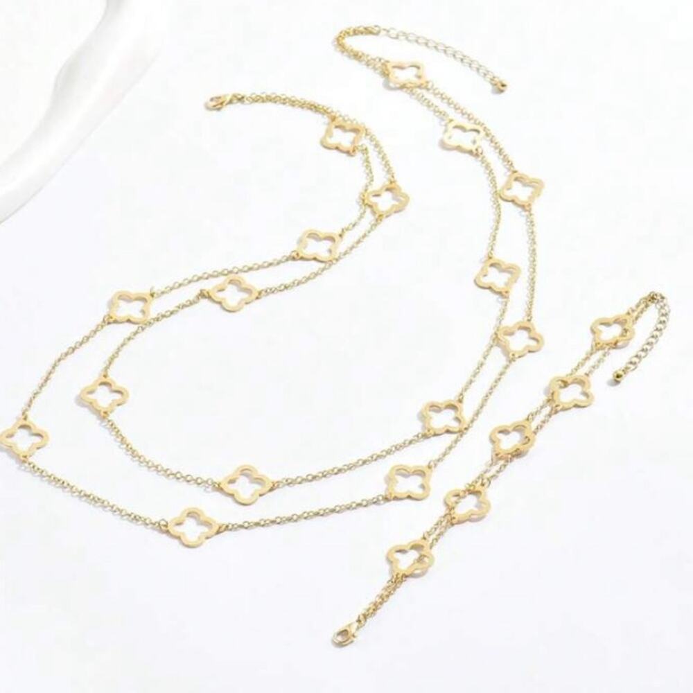 Gold Four Leaf Clover Necklace Bracelet Set Luxury Two Piece Set - Picture 3 of 4